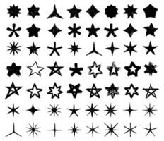 Hand drawn star icons with rough, inked textures and irregular edges. Large set stars. Retro graphic style vintage and artistic touch alternative design punk. illustration vector