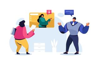Business team collaborating on project using conference, discussing strategy and sharing documents. Working together remotely in modern office environment. illustration flat style vector