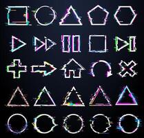 Glitch style geometric and interface icons including shapes, arrows, media buttons and symbols with RGB noise and distortion. Cyberpunk futuristic digital UI theme. illustration vector