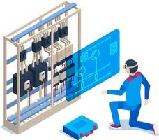 Electrician wearing augmented reality glasses checking electric panel wiring diagram, using holographic projection of futuristic software interface, isometric view vector