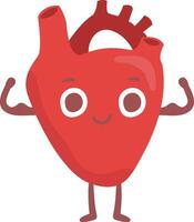 Cartoon illustration featuring a vibrant, smiling heart with strong arm muscles, promoting the importance of cardiovascular health and overall wellness in a fun and engaging way vector