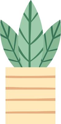 Minimalist illustration of a plant with three large green leaves growing in a light yellow pot with horizontal stripes, representing home decoration and gardening concepts