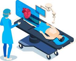 Surgeon wearing a virtual reality headset uses futuristic medical technology to examine a patient's heart, displayed on a holographic screen above the operating table vector