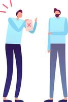 Two male colleagues discussing a failed exam with a red x mark, representing unsuccessful attempts, rejection, and the need for improvement in business or education vector