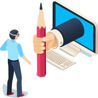 Giant hand with big red pencil coming out from computer screen drawing for businessman wearing virtual reality headset, isometric illustration on white background vector