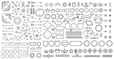 Retro linear geometric shapes borders, ribbons and arrows, frames and curls, badges, floral symbols, crowns and other decorative elements. For vintage logos and labels, certificates. set vector
