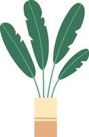 Four large green banana leaves growing from a beige pot with a brown base, adding a stylish and natural touch to home decor and enhancing the aesthetic of any living space vector