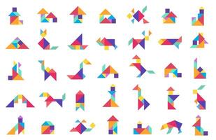 Colorful tangram puzzle shape collection of animals, houses, objects. Educational toy concept, logical brain game. Preschool, learning aid, app icon use. Flat graphic illustration. vector