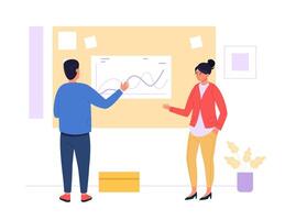 Office workers analyzing financial charts performance indicators on presentation board. Man and woman discussing company strategy planning based on data. illustration vector