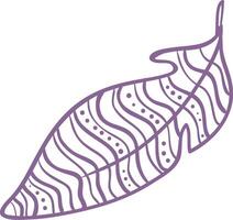 Single purple stylized feather with decorative wavy lines and dots, isolated on a white background, representing concepts like nature, lightness, and decoration vector