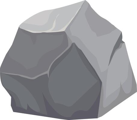 Cartoon illustration featuring a large gray rock resting against a crisp white background, ideal for projects related to nature, geology, or construction themes