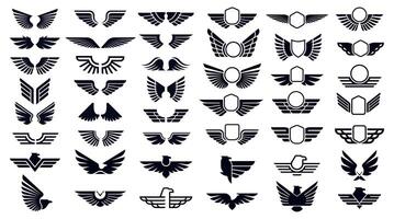 Heraldic wings and eagles emblems in variety of styles symbolizing flight, honor and strength. Shields, birds and abstract forms suitable for logos, aviation and retro insignias. illustration vector