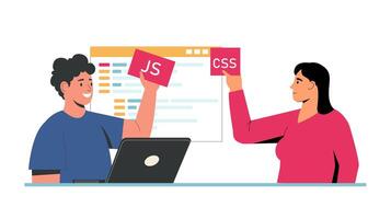 Man and woman learning web development, holding JavaScript and CSS cards with code on screen. Programming education, frontend teamwork digital learning. Flat cartoon illustration vector
