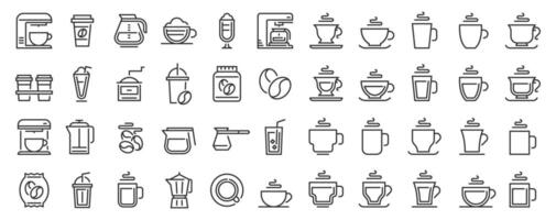 Coffee icon set with line style cups, mugs and machines, brewing tools, beans and takeaway cups. Coffee shops. Minimal outline design for branding, apps menus. Flat modern illustration vector