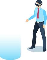 Businessman wearing virtual reality headset interacting with holographic light projection, isometric view of person experiencing metaverse environment vector