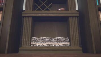 Close up of decorative fireplace nook with firewood, framed by classic wooden columns and shelving, adding rustic and cozy vibes to traditional home library reading room, 3D animation dolly out shot video