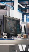 Vertical PC display running live metrics in renewable energy high tech facility, tracking solar panel assembly progress. Monitoring photovoltaics factory engineering workspace to ensure seamless production. video