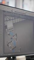 Vertical CAD program on PC monitor in photovoltaics factory used for production line design. Simulation software on computer screen in empty solar panels plant next to yellow hardhat Clean energy video