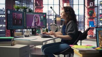 Young photographer editing photos on a modern pc setup in agency office, using color grading and retouching technique. Ideal workspace for a digital designer, art photography. Camera A. video