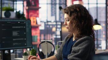 Female freelancer uses online AI assistant to automate text generation and solve tasks easily, enhance productivity at the office. Integration of advanced algorithms and digital tools. Camera B. video