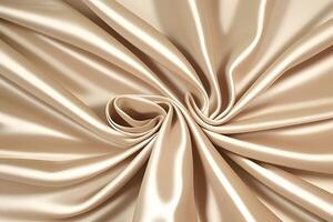 Elegant beige satin fabric features luxurious swirls that create a beautiful texture, perfect for a background. The smooth drape adds to its sophisticated appeal. photo