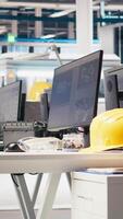 Vertical Computer software in photovoltaics factory used for optimizing production flow. PC program in empty sustainable energy solar panels plant used for monitoring manufacturing process. video