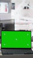 Vertical Copy space screen PC in photovoltaics factory used to manage system performance. Chroma key on computer tracking solar panels manufacturing plant energy production and efficiency. video