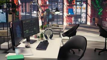 Empty programmer digital workspace shows real time code and AI driven algorithms. Futuristic setup supports machine learning, connection mapping and advanced network based pattern recognition. video