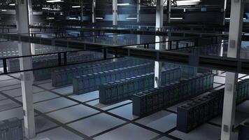 High tech data center infrastructure maintaining datasets crucial to AI applications. Hardware in server hub supplying scalable computing power required for simulations and AI, jib down shot video