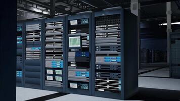 Close up of server farm equipment managing computing resources essential for big data analytics. Supercomputers in data center storing information for predictive maintenance video