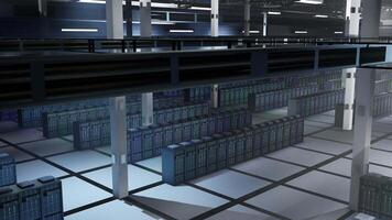Server hub hardware managing data needed for cryptocurrency mining, jib down shot. Data center server cabinets using machine learning computing power for blockchain transactions video