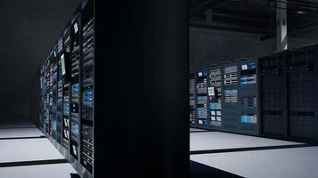 Data center gear delivering high tech computing resources for artificial intelligence to process training datasets. Server room rackmounts storing data used in machine learning, trucking right shot video
