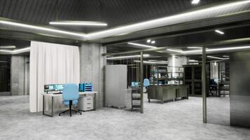 High tech clinical environment with PC monitors showing digital healthcare applications. Advanced medical technology lab with precision equipment designed for diagnostics and imaging analysis, render video