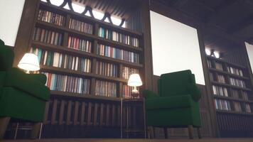 Cozy home library featuring tall wooden bookshelves, soft ambient lighting from table lamps and plush green armchairs, creating warm and inviting reading environment, 3D rendering video