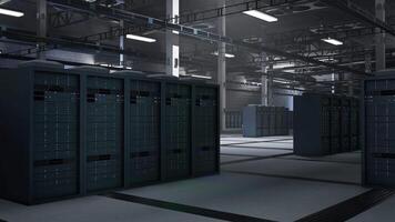 Server infrastructure delivering high performance computing resources for artificial intelligence to process training datasets. Supercomputers storing data used in machine learning, 3D rendering video