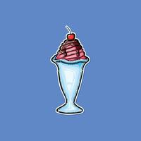 An artistic illustration of a delicious ice cream sundae with chocolate syrup, pink swirl, and a cherry on top in a decorative blue glass against a bright background, creating a playful concept. vector
