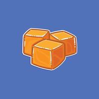 Colorful and simple illustration of delicious caramel cubes presented on a solid blue backdrop. Ideal for designs meant to evoke sweetness, simplicity, and modern minimalistic aesthetics. vector