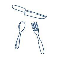 Kitchen utensils layout featuring a knife, fork, and spoon in simple line design style vector