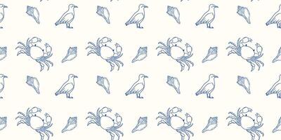Ocean-themed pattern features crabs, shells, and birds in a simplistic design vector