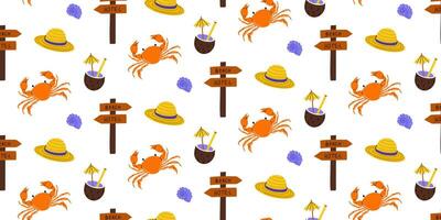 Colorful beach pattern featuring crabs, hats, and fresh coconuts with signs vector