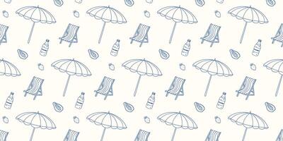 Summer beach pattern featuring chairs, umbrellas, and refreshing drinks in a light color scheme vector