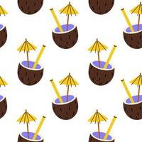 Coconut drinks with umbrellas and straws create a tropical pattern background vector