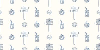 Pattern featuring beach signs, drinks, and shells in a fun coastal design vector