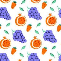 Vibrant fruit pattern featuring grapes, pomegranates, and strawberries on a white background vector
