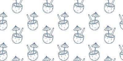 Tropical drink pattern featuring coconuts and umbrellas in a repeating design vector