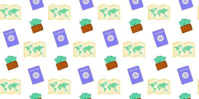 Travel essentials displayed with maps, money, and passports arranged in a colorful pattern vector