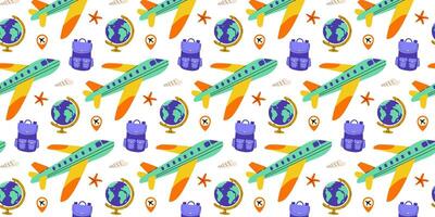 Colorful travel pattern featuring planes, globes, and suitcases on a bright background vector