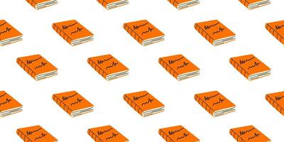 Pattern of bright orange books with heartbeat graphics on a white background vector