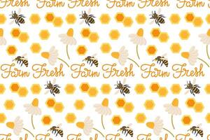 Farm fresh design featuring bees and flowers with honeycomb pattern background vector
