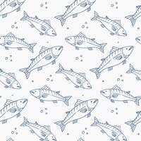 Pattern of drawn fish swimming in a repetitive design on a white background vector